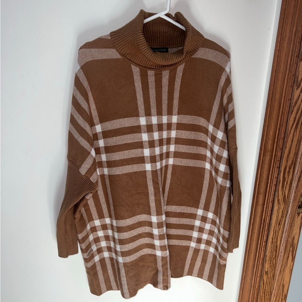 Tint & Shadow Brown Plaid Turtleneck Sweater S/M Cozy Oversized Heavy Knit
